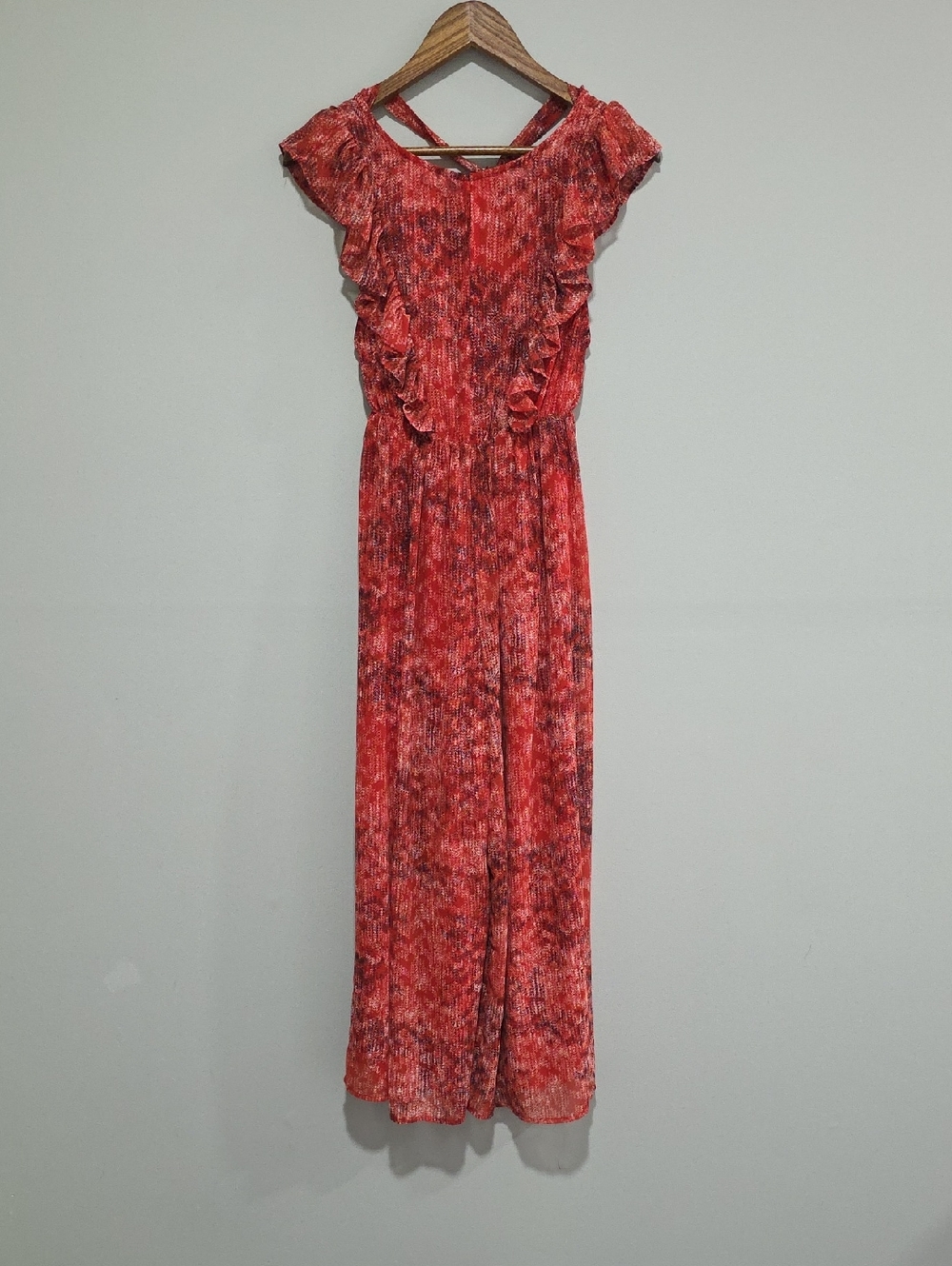 Fab RIK Red Floral‎ Wide Leg Jumpsuit Flutter Sleeve Boho Romantic Small